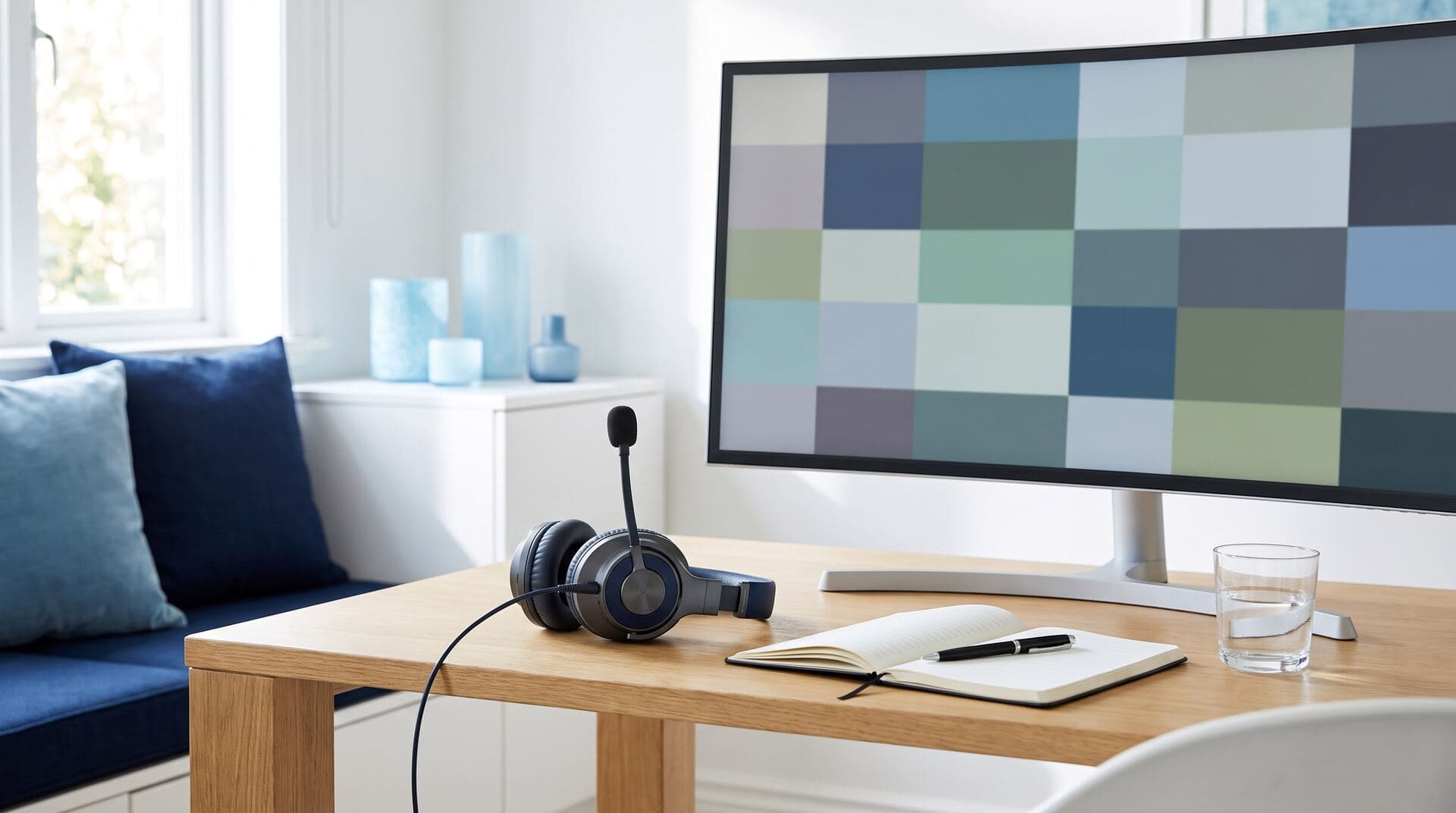 Arbeitsplatz für Video- und Telefondolmetschen: Headset mit Mikrofon vor einem Bildschirm (Symbolbild)